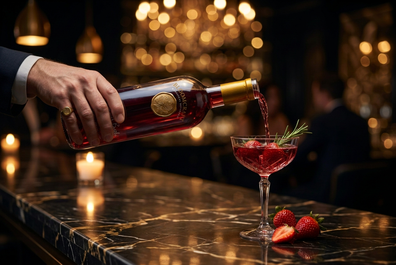 Bartender garnishing a strawberry rosemary drink beside the BloomCraft bottle