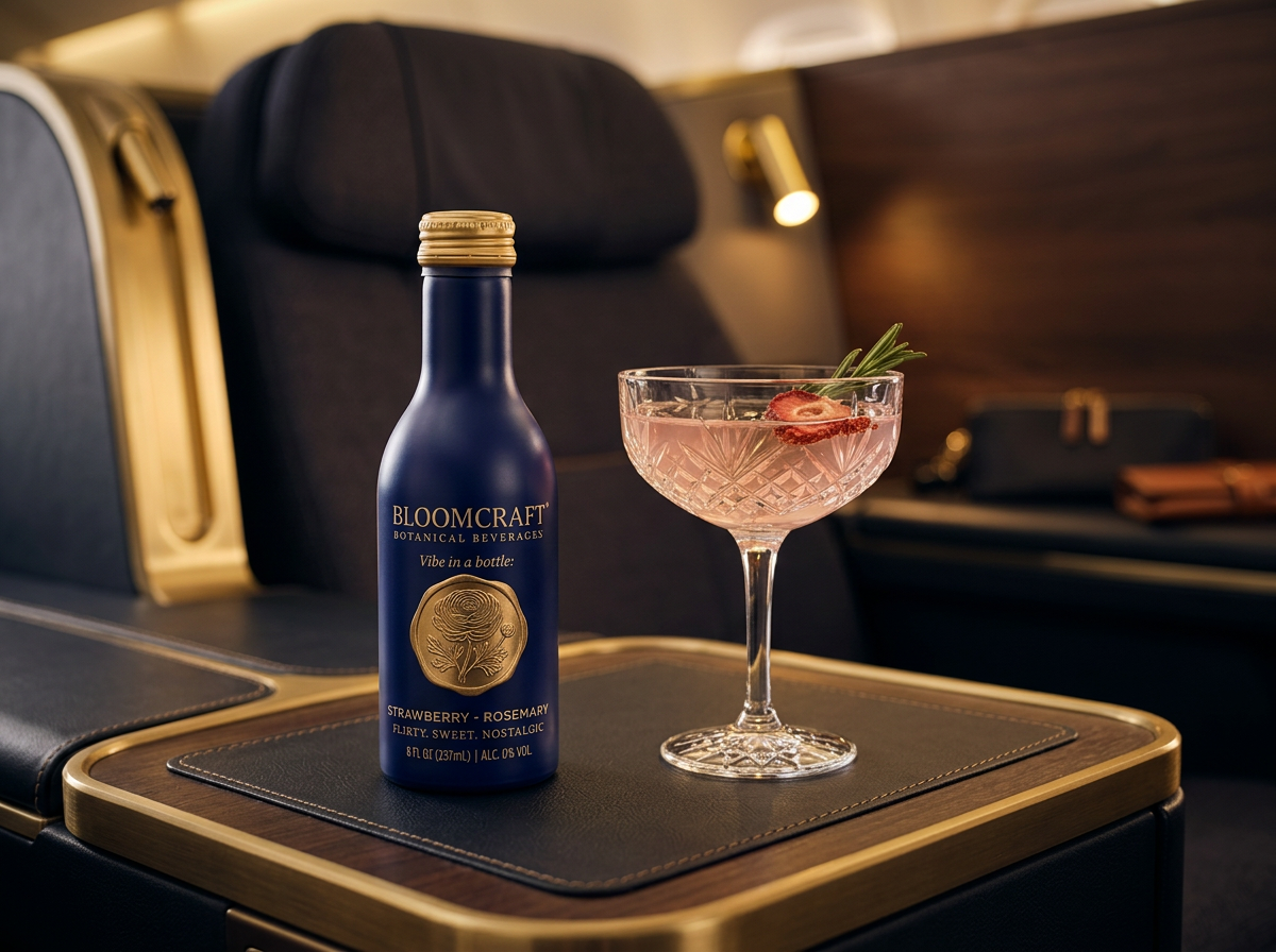 The 8 fl oz BloomCraft bottle on a cabin tray table beside a garnished coupe