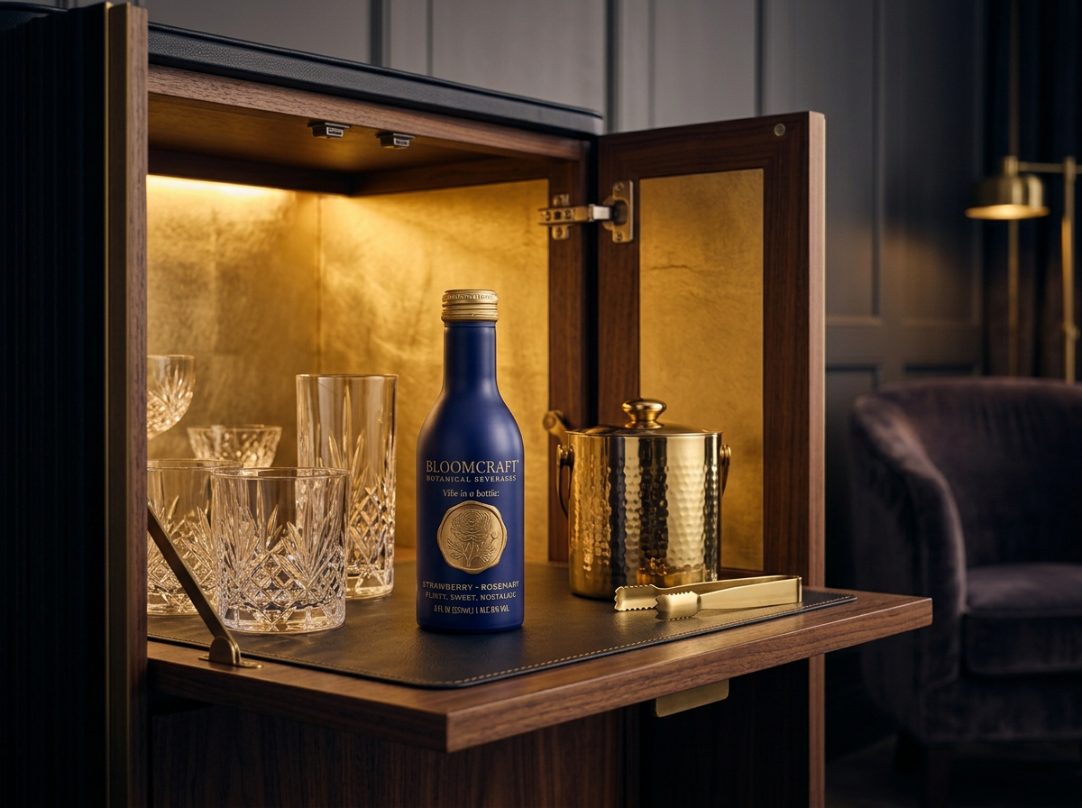 The 8 fl oz BloomCraft bottle inside an illuminated luxury hotel minibar cabinet
