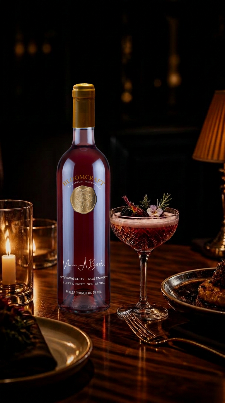 The BloomCraft bottle poured beside a garnished coupe at a candlelit dinner table
