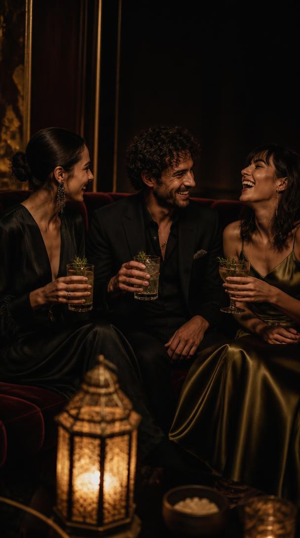 Friends laughing together over BloomCraft serves on a velvet banquette