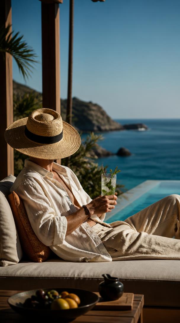 A guest in a straw hat with a tall BloomCraft serve beside the sea