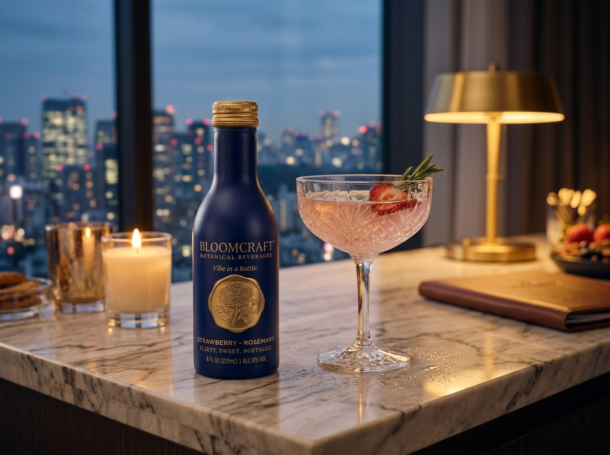 The 8 fl oz BloomCraft bottle on a marble hotel bar counter at dusk with city lights behind